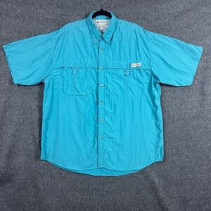Columbia Mens Large PFG Bahama II Short Sleeve Fishing Shirt Teal Blue Button Up